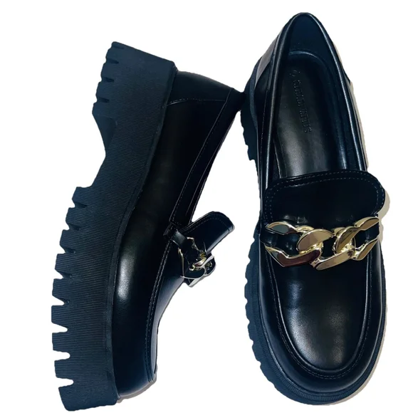 Stradivarius Chunky Lug Sole Loafers Black Gold Chain Platform EU 39/ US 8.5 - Picture 4 of 9
